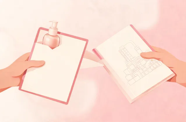 Illustration of a cc cream specification sheet handing off to a quotation folder
