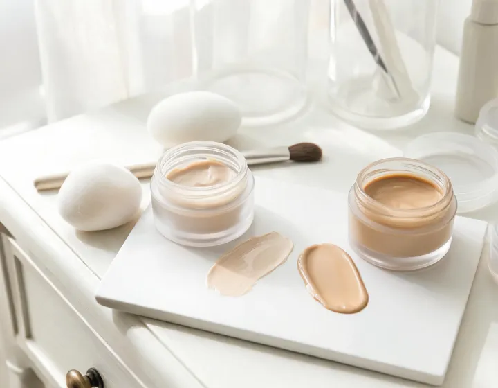 cc cream vs foundation on a cosmetics bench, illustration only